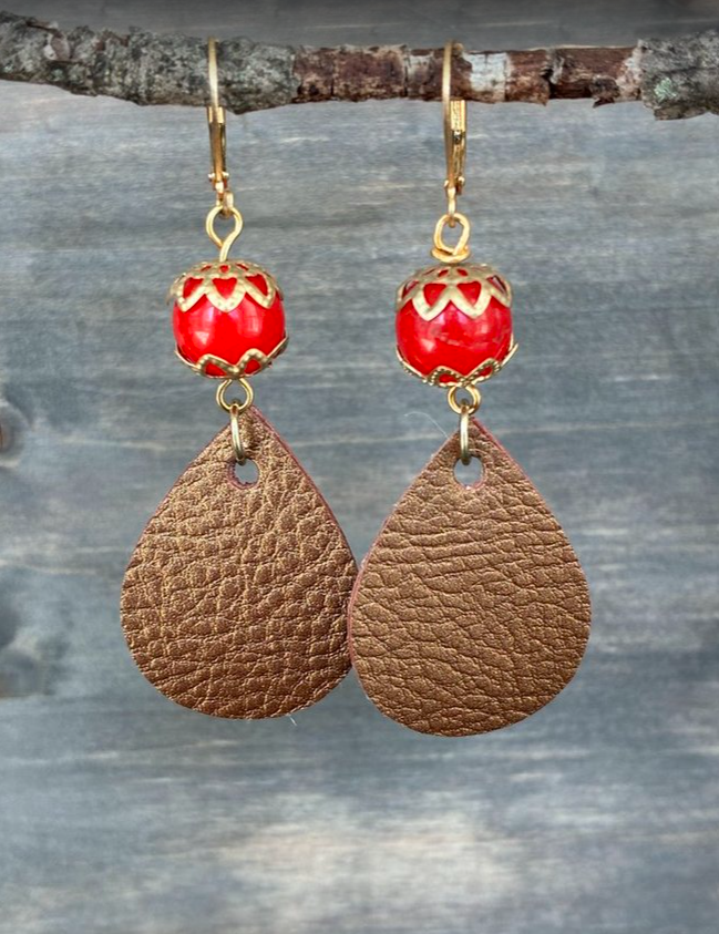 Coral Bead and Metallic Brown Leather Teardrop Earrings