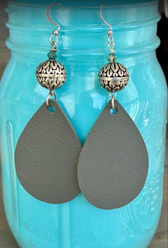 Gray Teardrop Faux Leather Earrings with Bali Beads