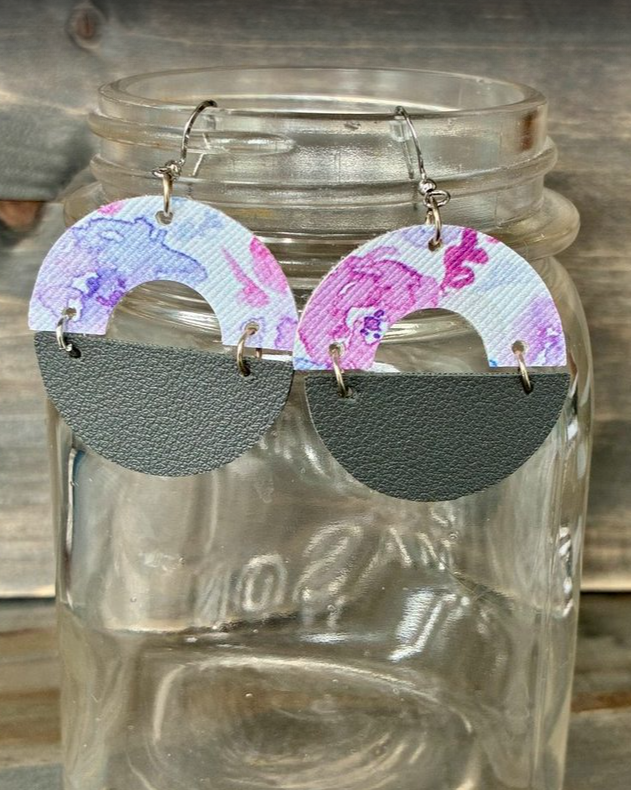 Purple Floral & Grey Faux Leather Earrings--style A