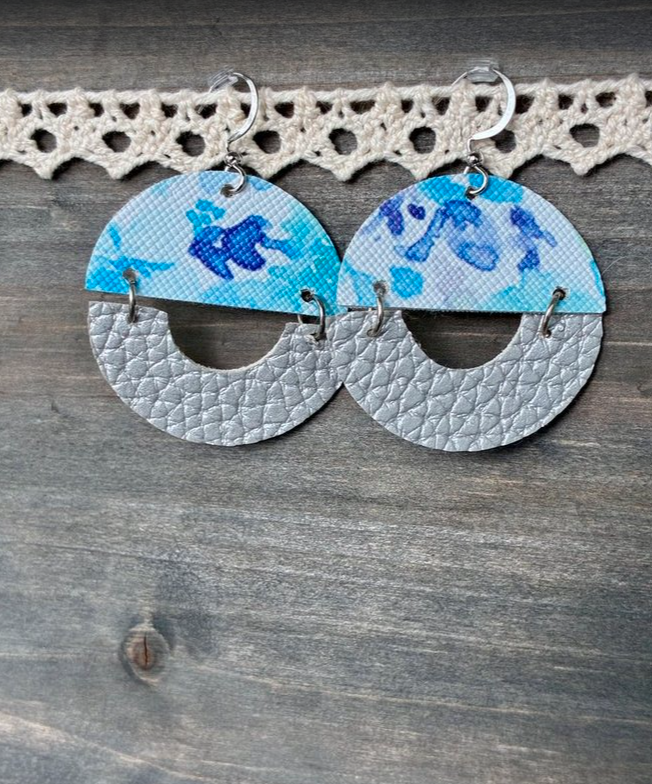 Blue Floral & Silver Leather Earrings