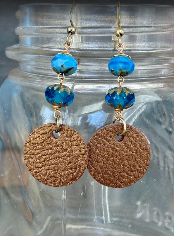Blue Bead & Faux Leather Circle Earrings