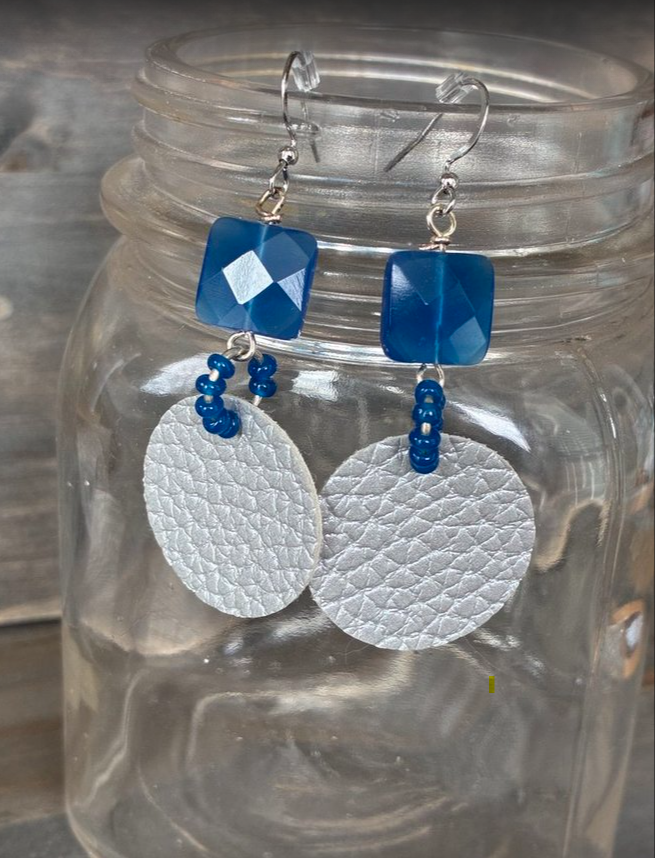Blue Bead & Silver Leather Earrings