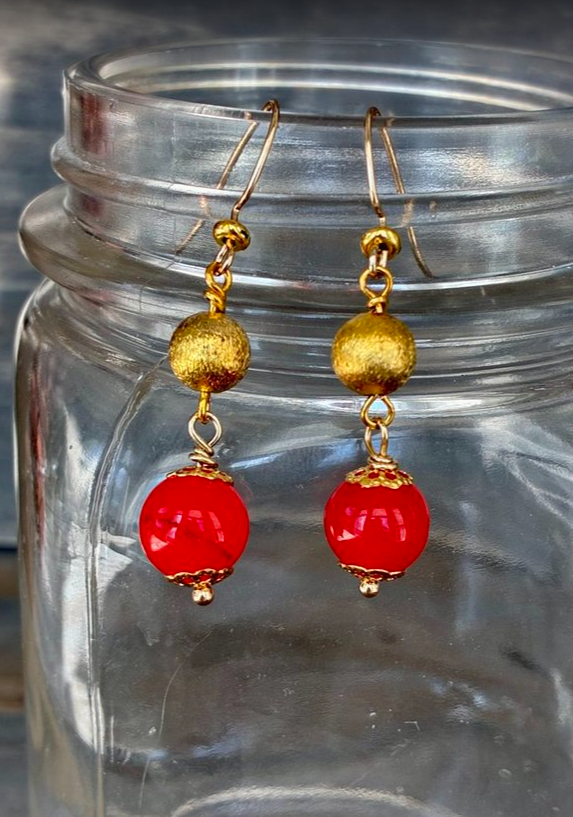 Coral and Brushed Gold Drop Earrings