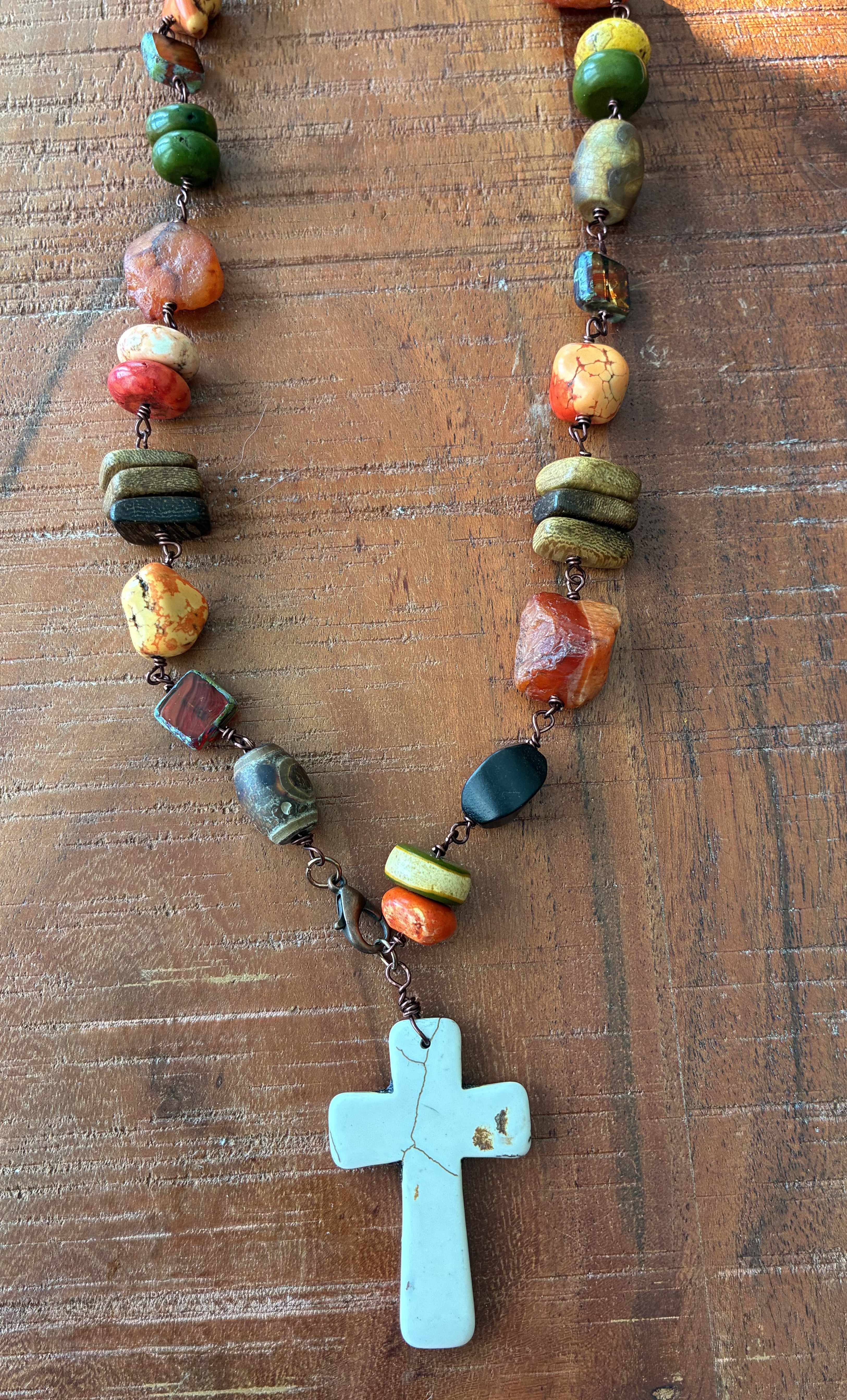 Handmade Stone Bead Cross Necklace