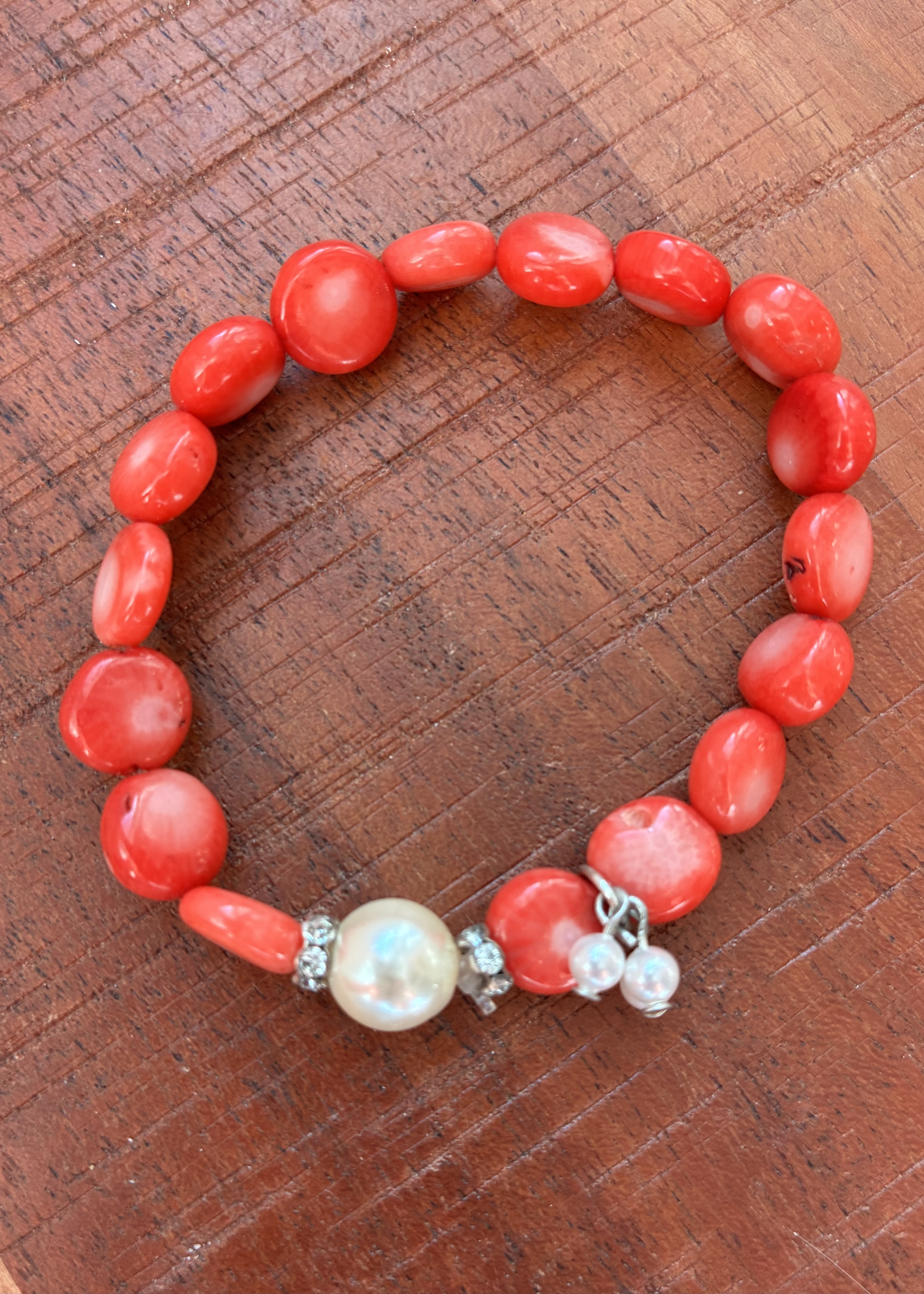 Coral Coin and Pearl Bracelet