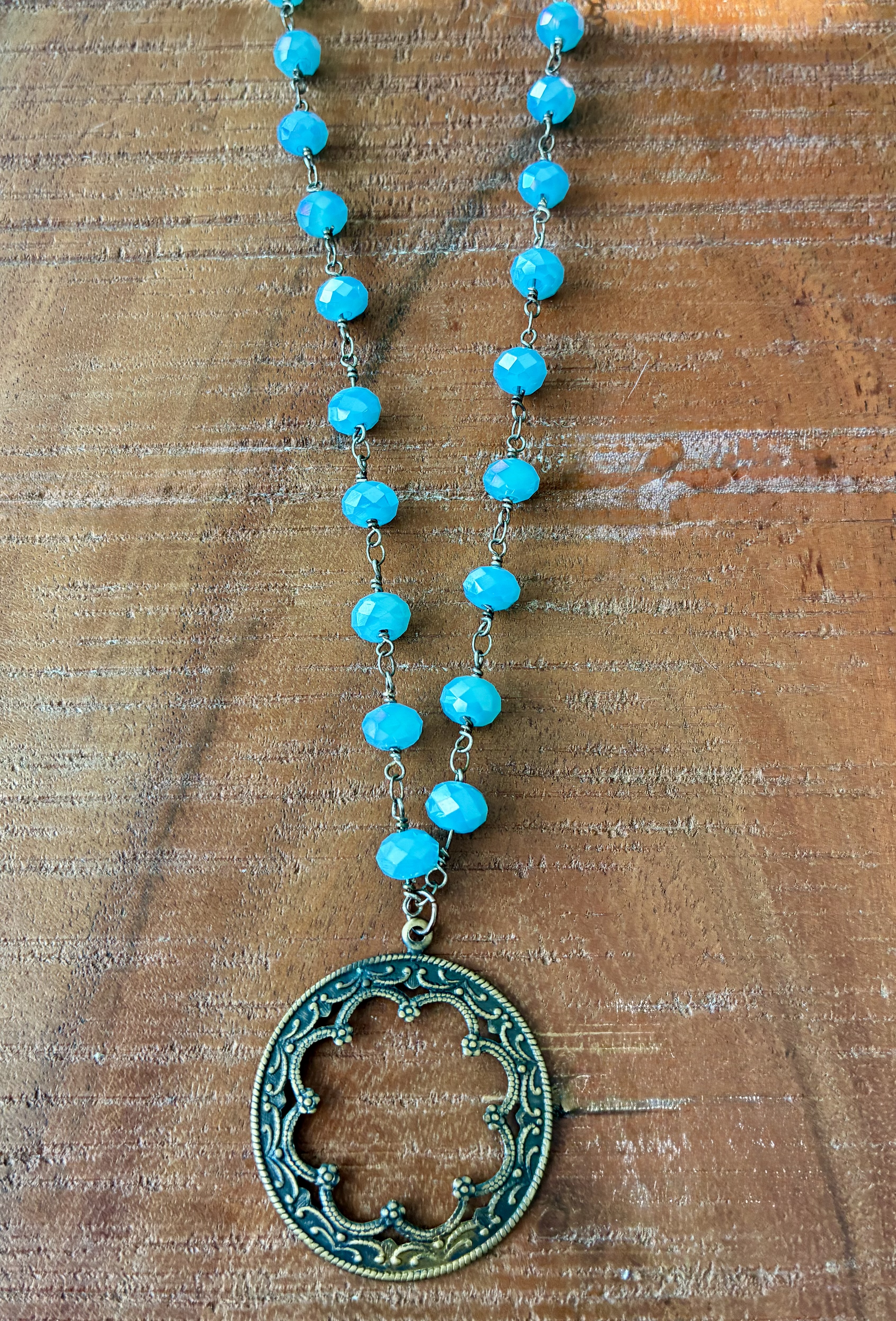 Vintage Pendant with Blue Bead Necklace