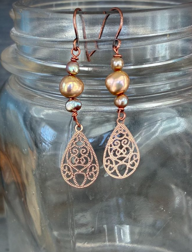 Filigree Copper & Pearl Earrings