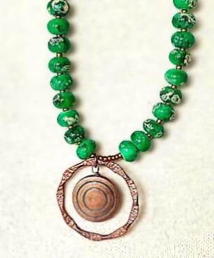 Green Beaded Necklace with Copper Pendant