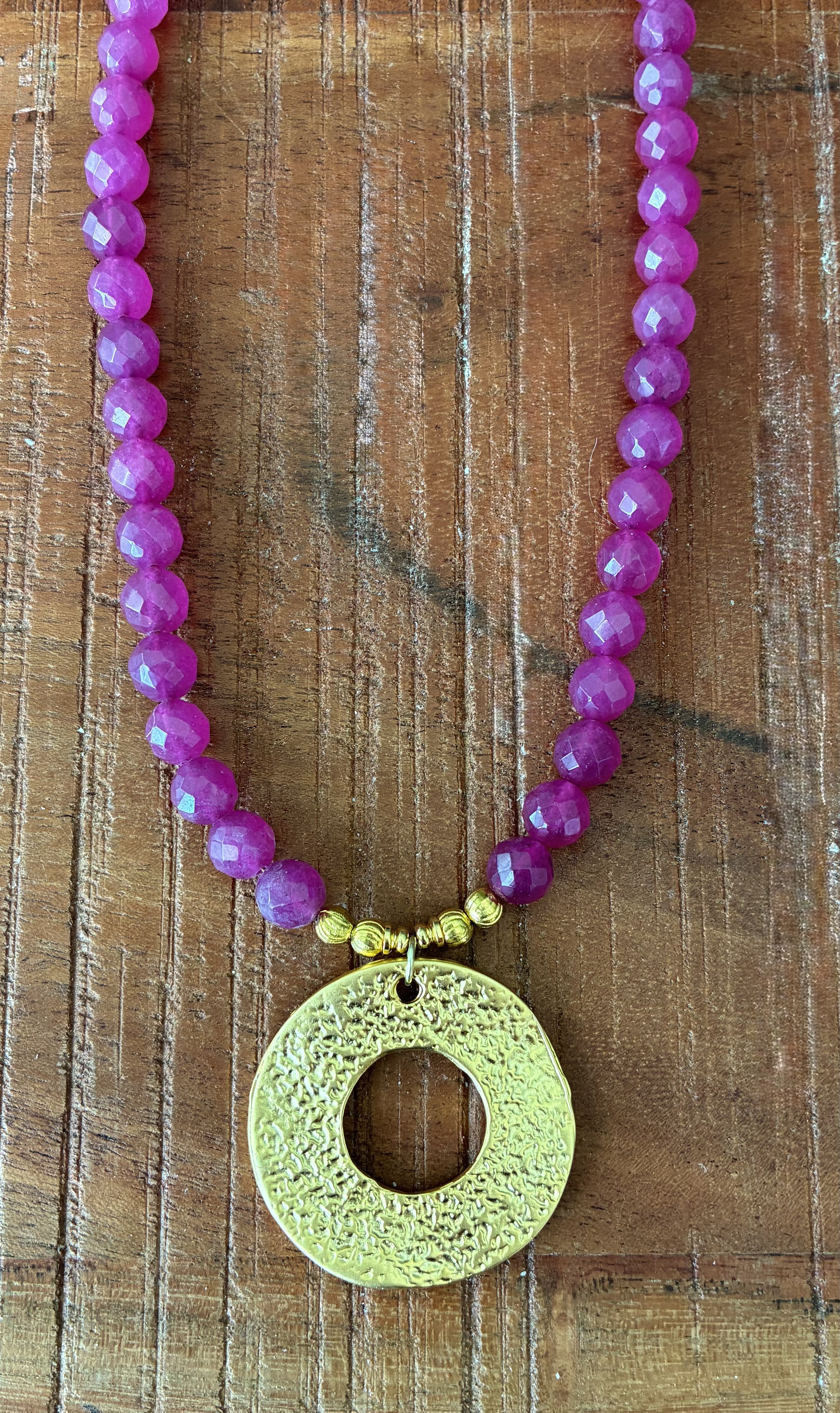 Bold Pink Faceted Necklace with Hammered Gold Circle Pendant