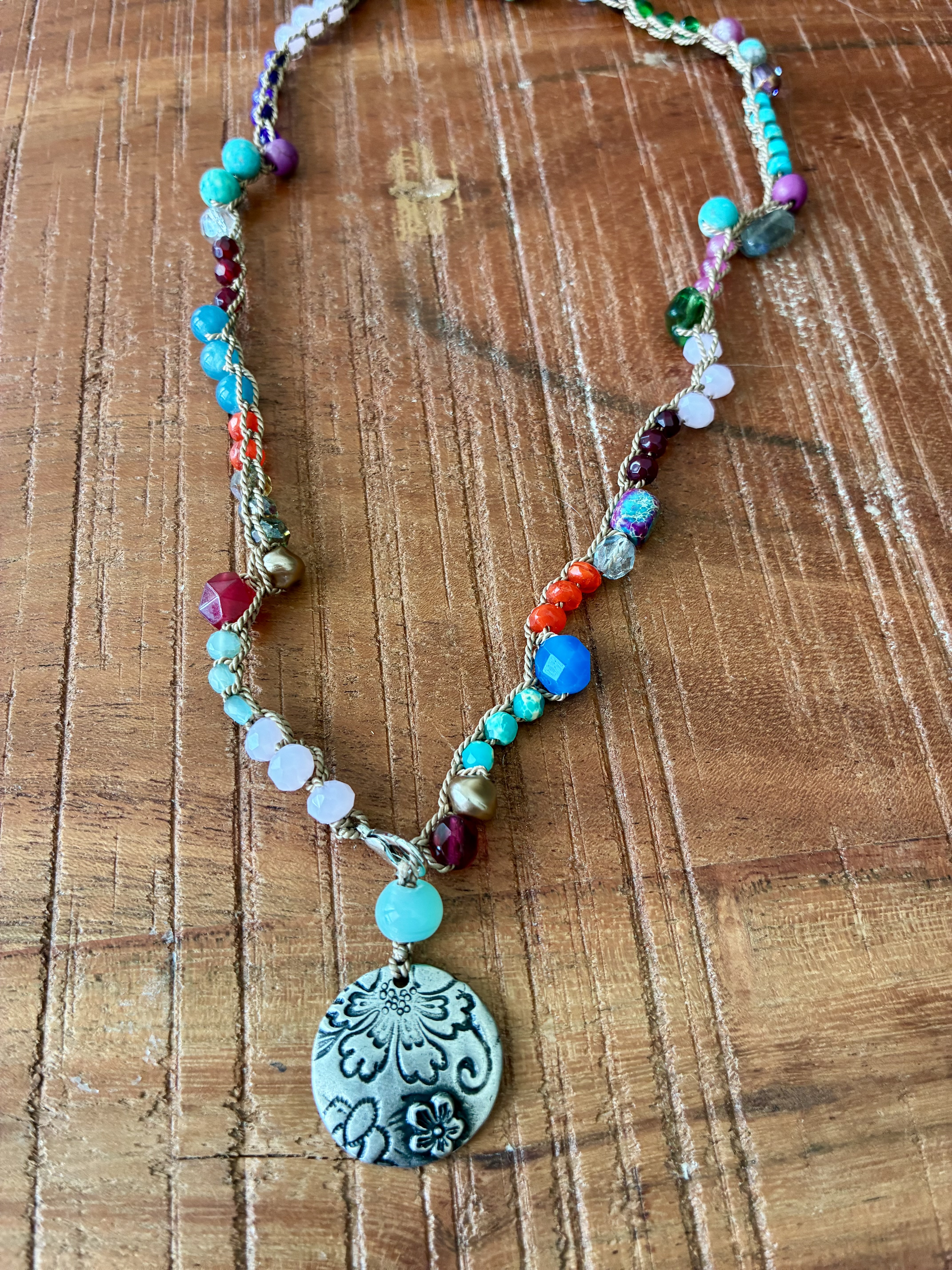 Colorful Mixed Bead Crocheted Necklace with Pewter Pendant