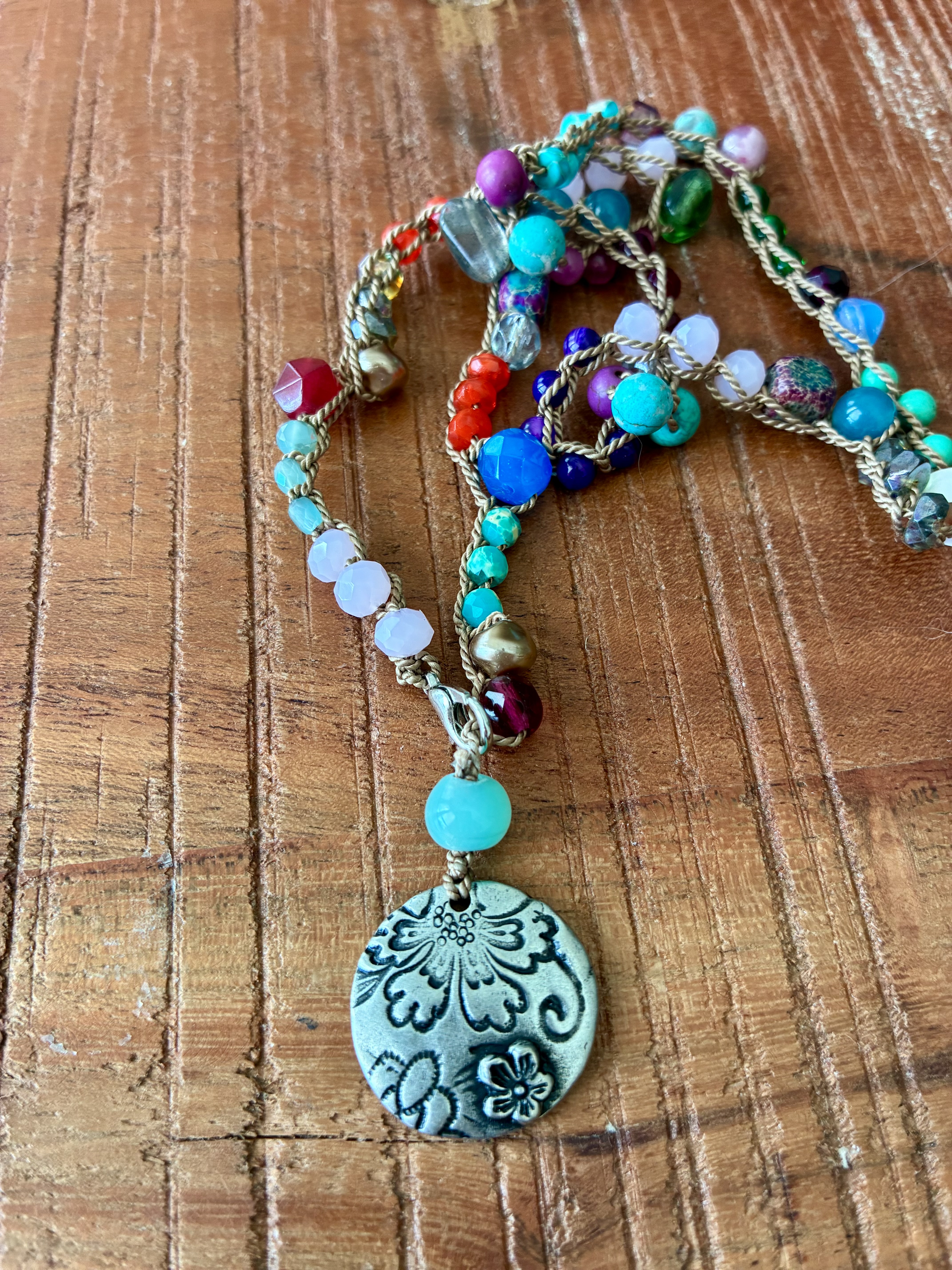 Colorful Mixed Bead Crocheted Necklace with Pewter Pendant