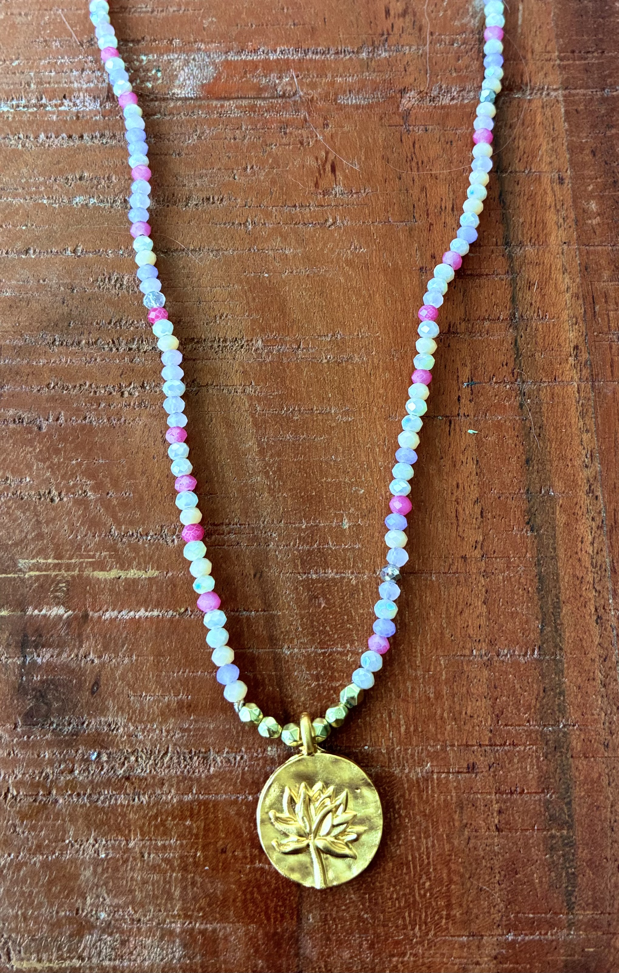 Dainty Mixed Pink Necklace with Gold Lotus Pendant