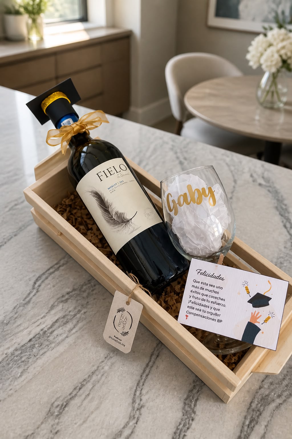 Set de regalo de graduación: vino y copa personalizada