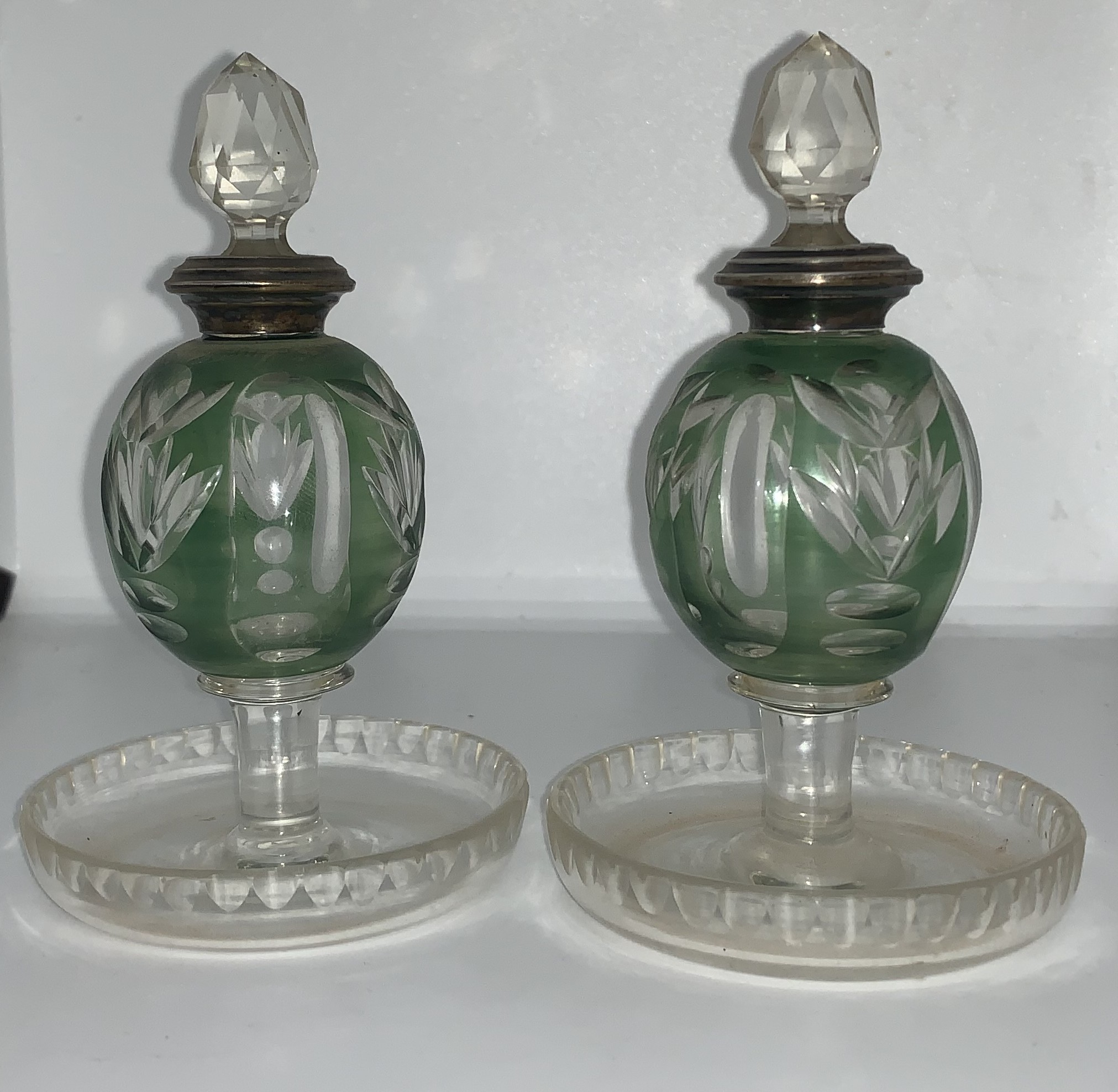 Matched pair of vintage Bohemian/Czech cut‑glass perfume bottles, produced