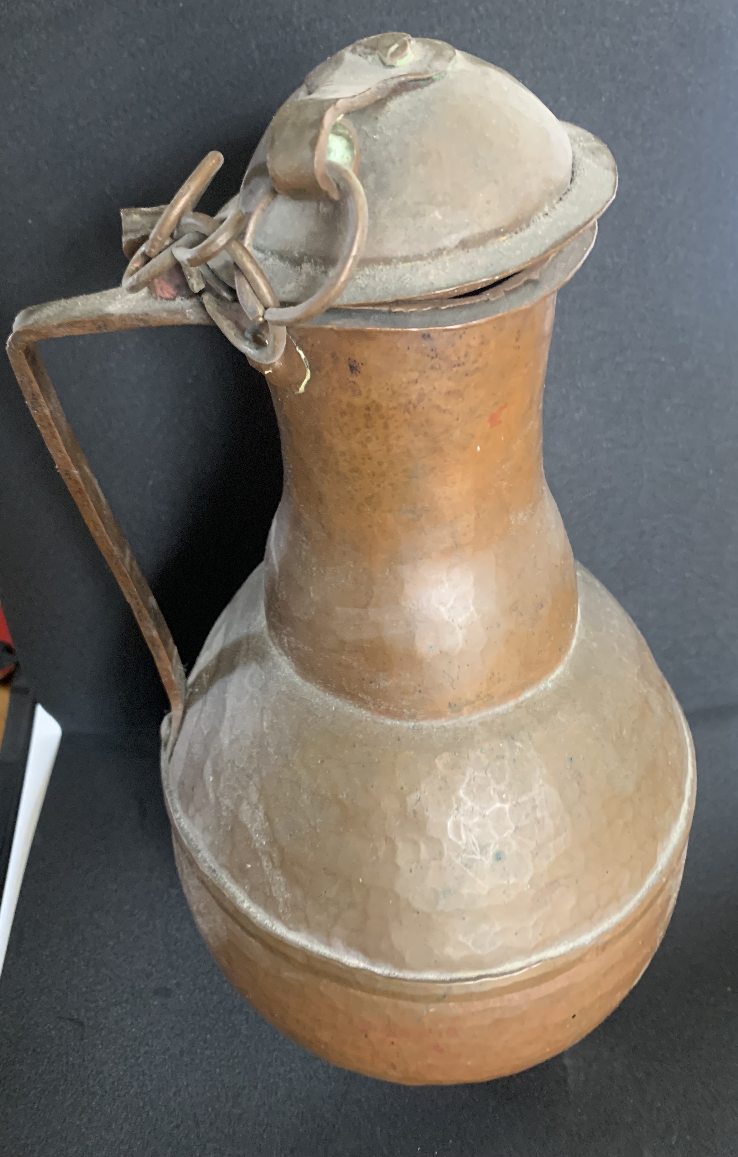 Double‑Walled Copper Water Vessel, with Domed Lid, Chain, and Riveted Handle
