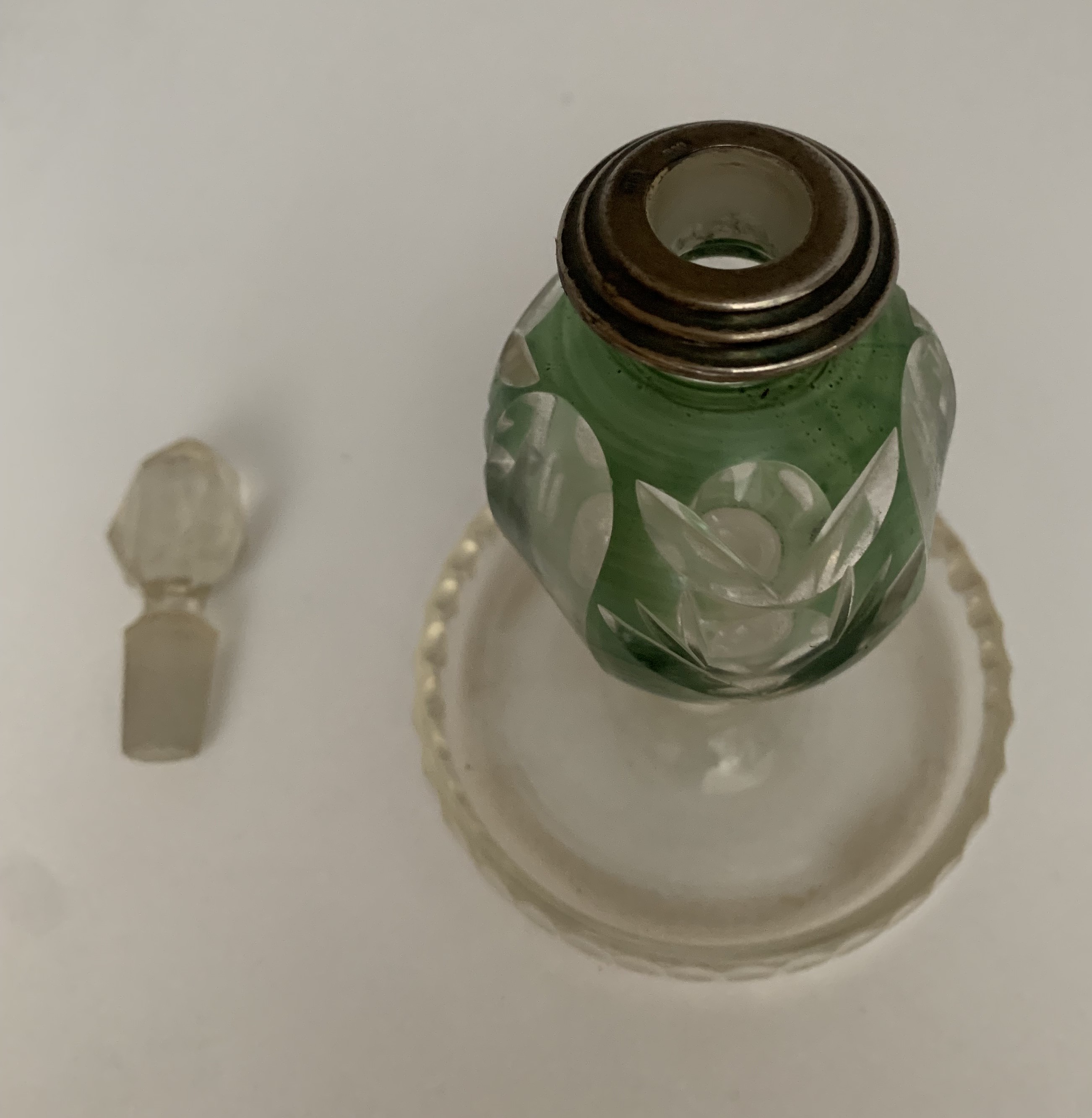 Matched pair of vintage Bohemian/Czech cut‑glass perfume bottles, produced