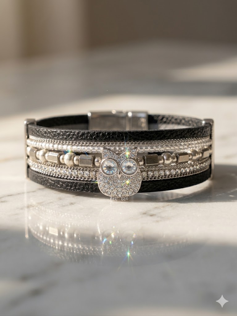 Owl Charm Leather Bracelet