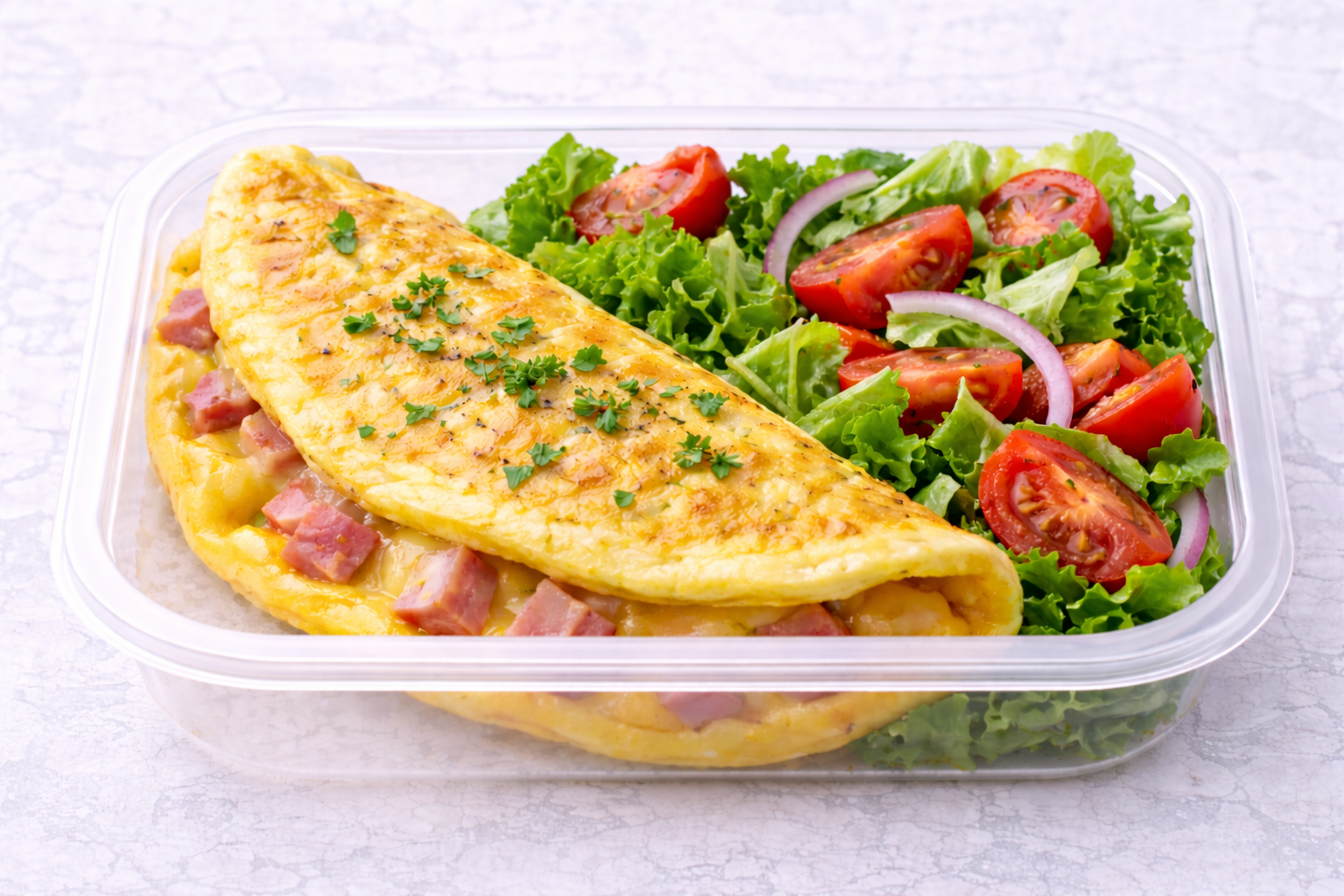 Omelette de jamón y queso con ensalada