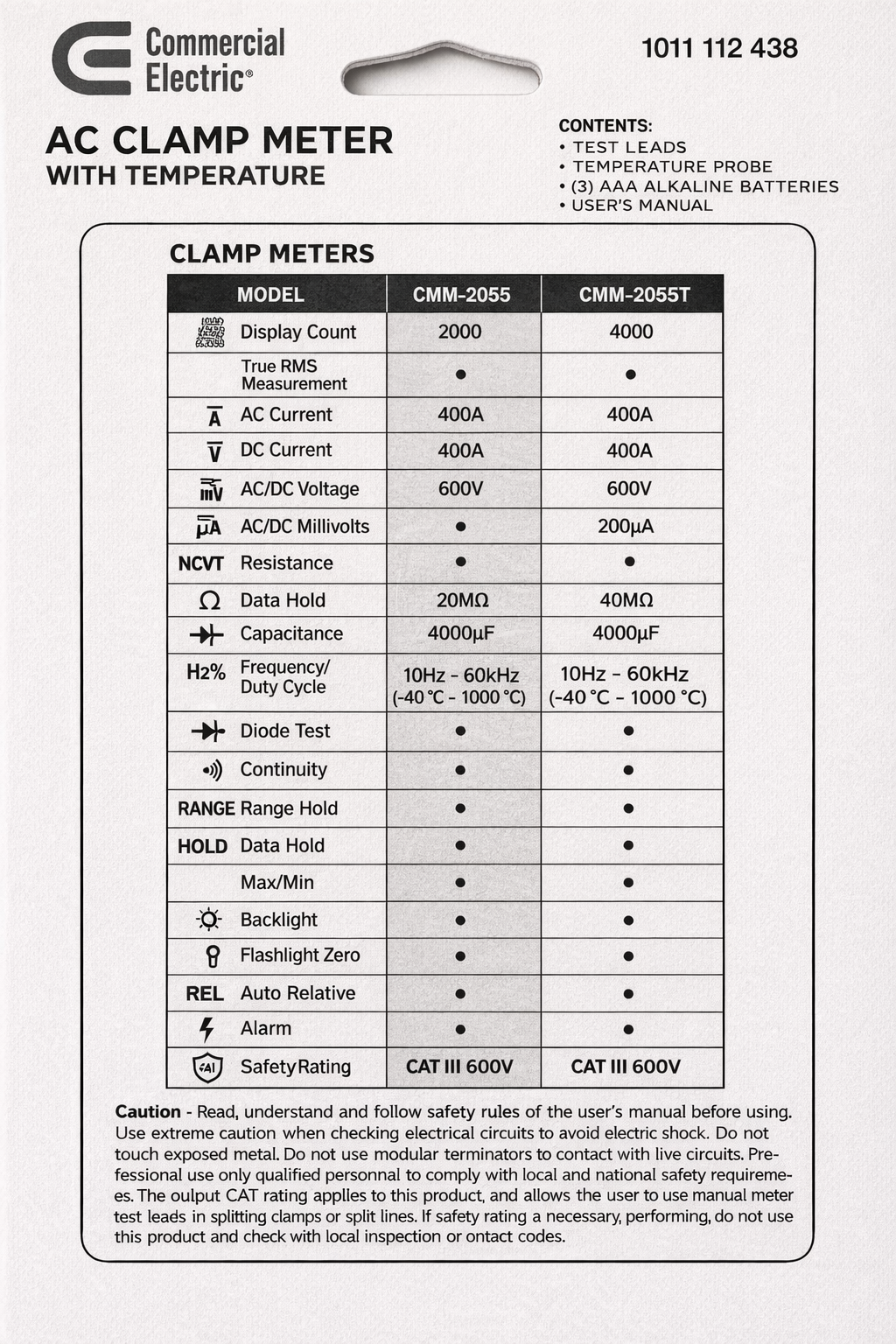 Commercial Electric AC Clamp Meter with Temperature | CMM-2055 / CMM-2055T | True RMS, 400A, Digital Multimeter