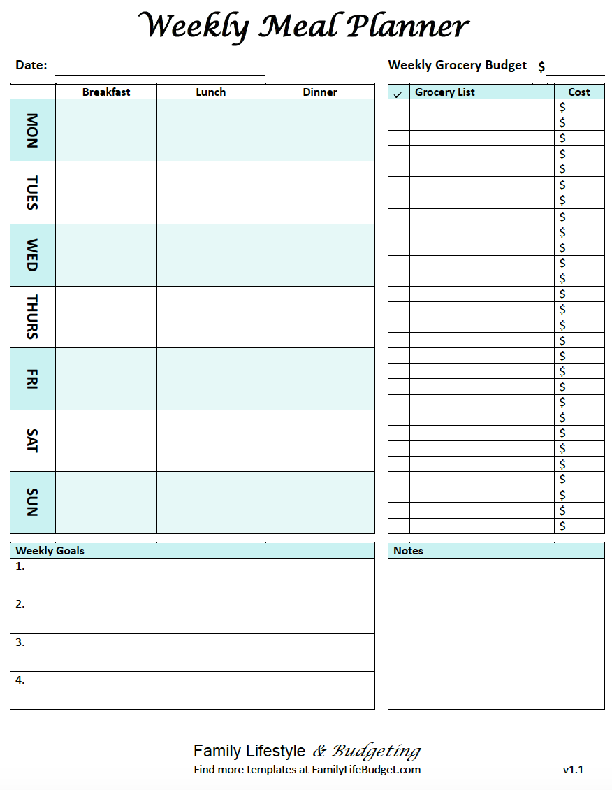 Meal Planner in PINK or TEAL