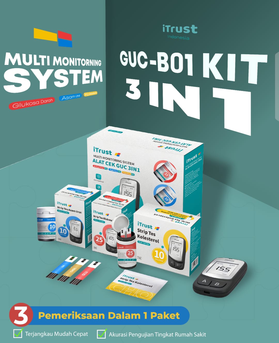 iTrust GUC-B01 Kit Alat Cek 3in1 Gula Darah, Asam Urat & Kolesterol