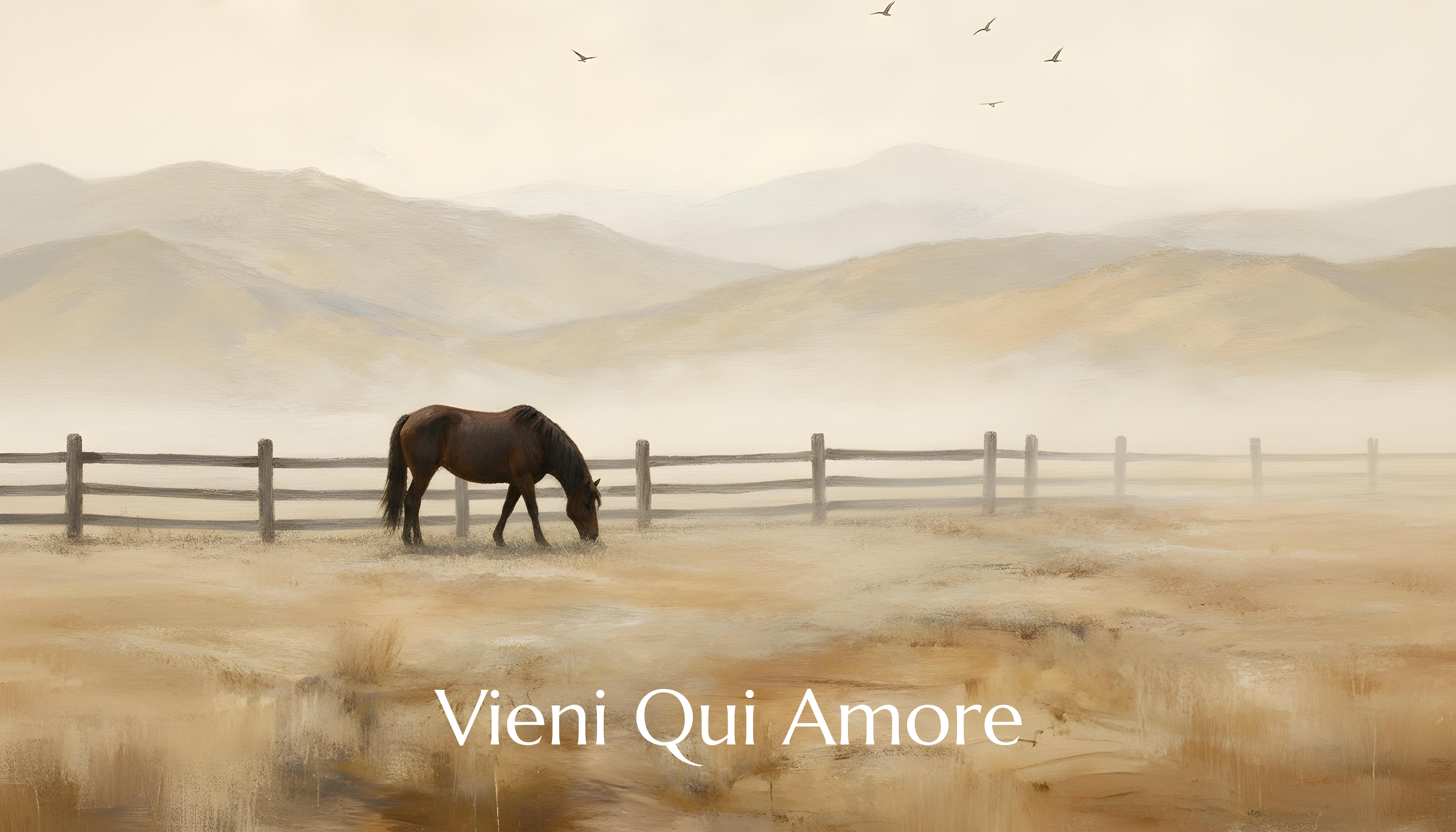 Western Single Horse by Fence, 5 Birds Mountain Fog TV Art | Rustic Neutral Landscape | Frame TV Digital Art