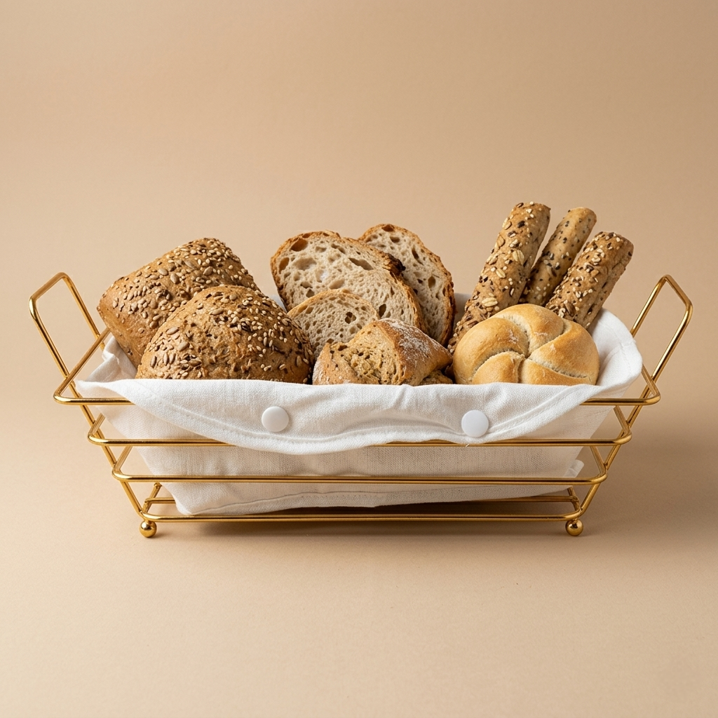 Panière à pain en métal blanc / or avec housse