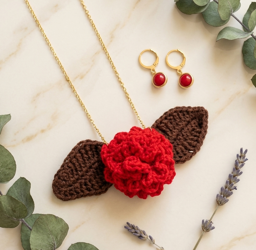 Collar con flor tejida y pendientes rojos