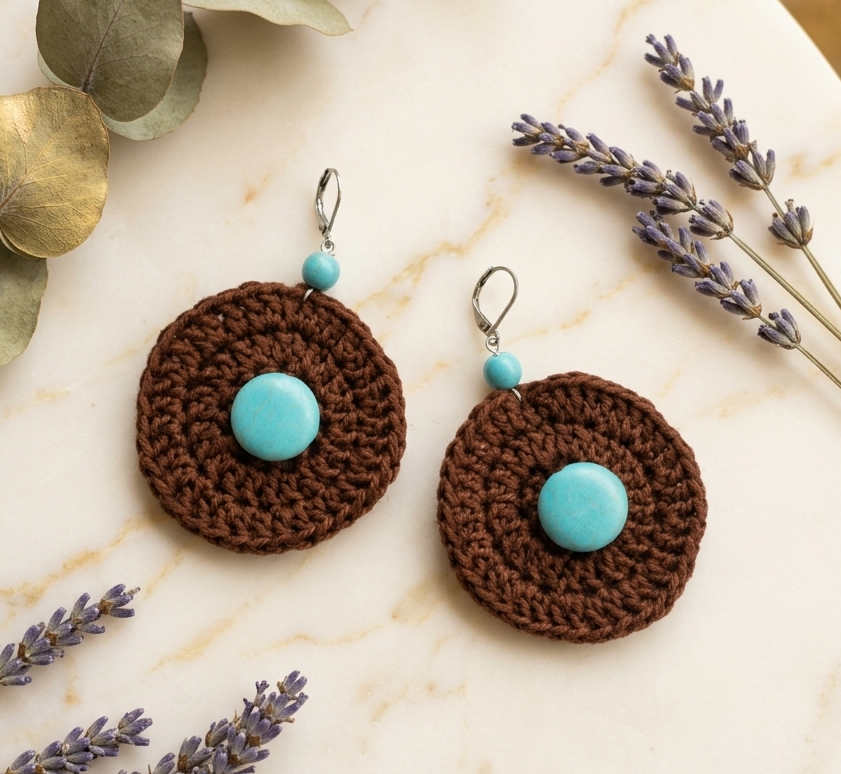 Pendientes artesanales de crochet y turquesa