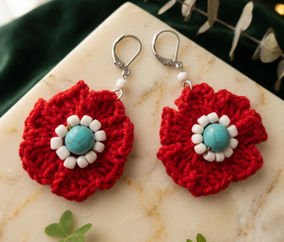 Pendientes crochet flor roja