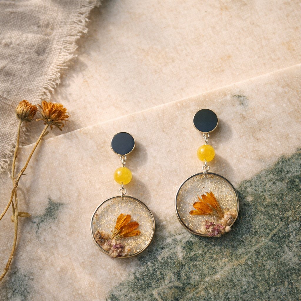 Pendientes de resina con flores secas
