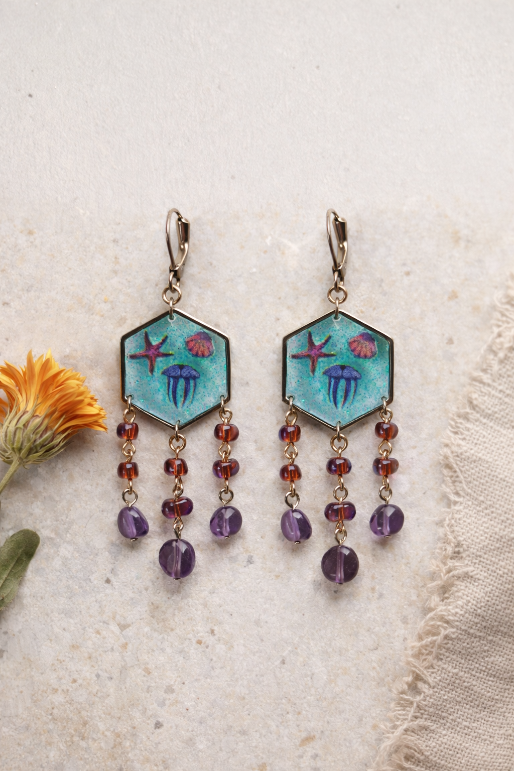 Pendientes hexagonales marinos