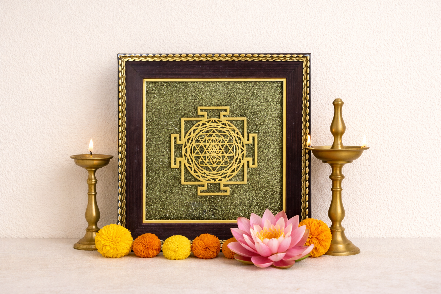 Shri Yantra on Raw Pyrite Frame – Attract Wealth, Success & Divine Positive Energy