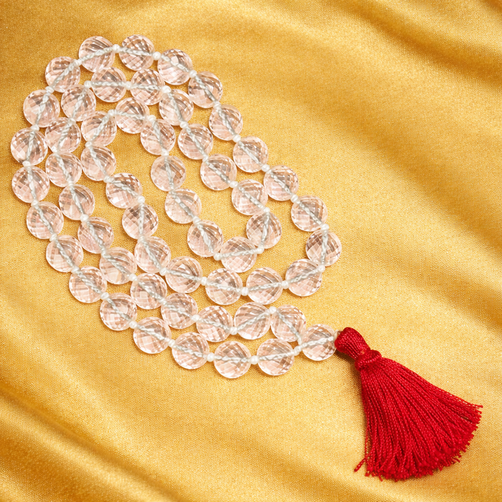 Natural Sphatik Mala 8 mm Diamond Cut – Lab Certified Indian Crystal Quartz Rosary