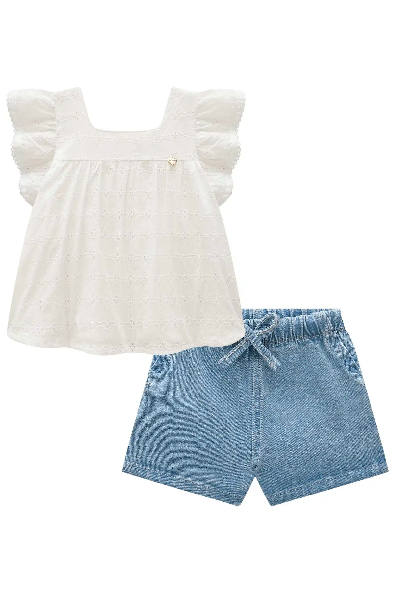 Conjunto de bata em laise algodão e shorts em jeans com elastano