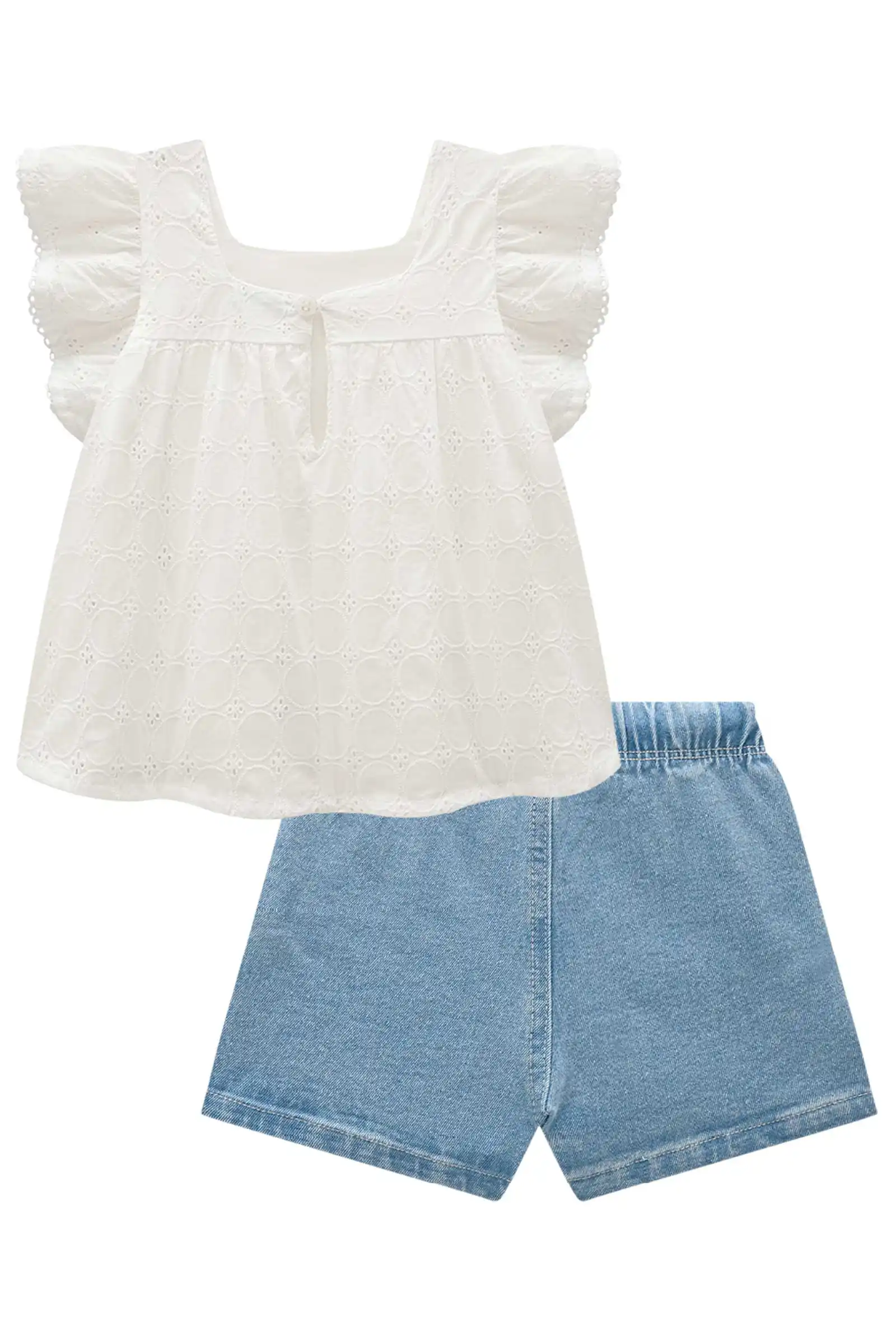 Conjunto de bata em laise algodão e shorts em jeans com elastano