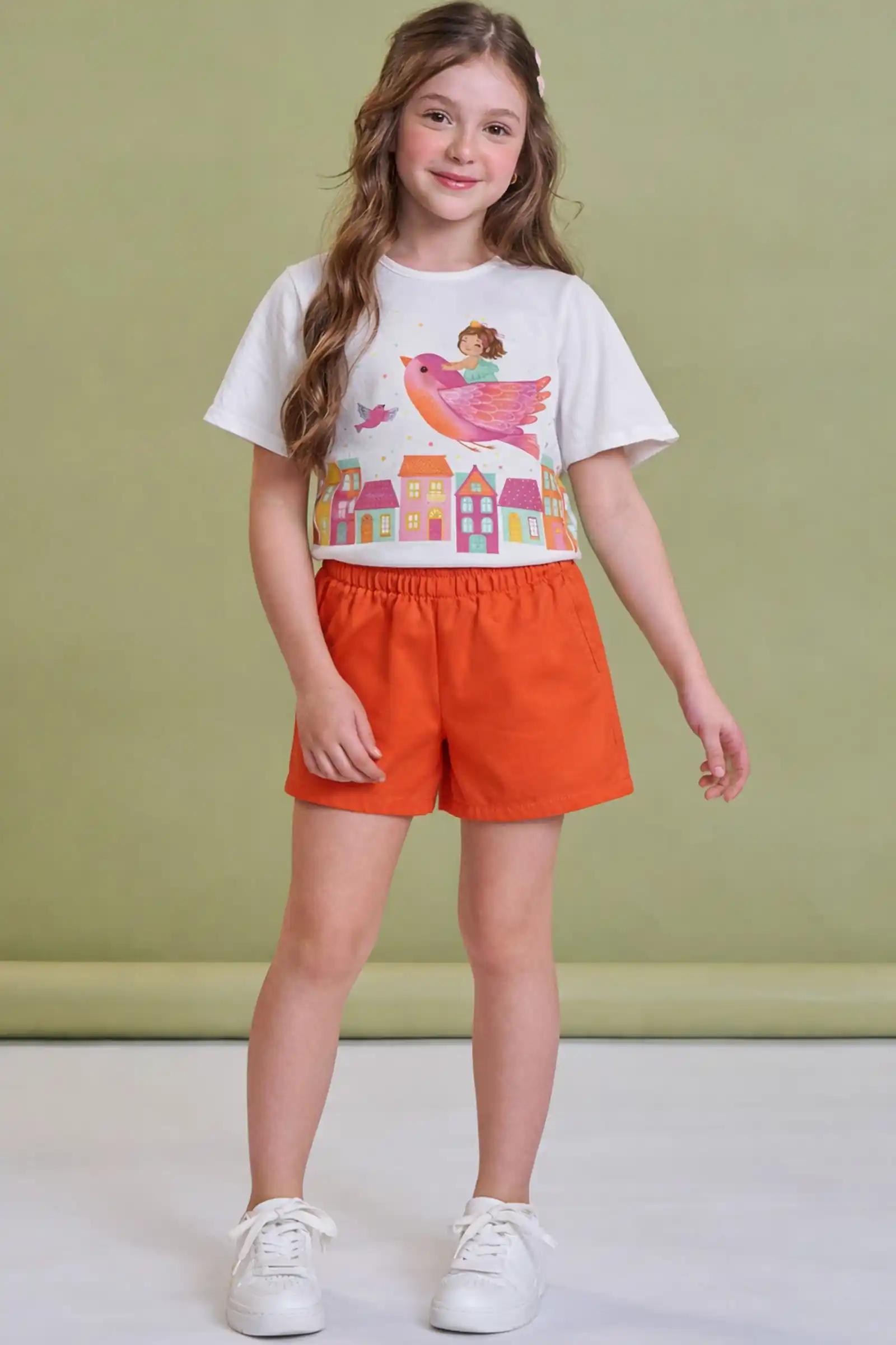 Conjunto de blusa boxy em meia malha e shorts em tricoline laranja