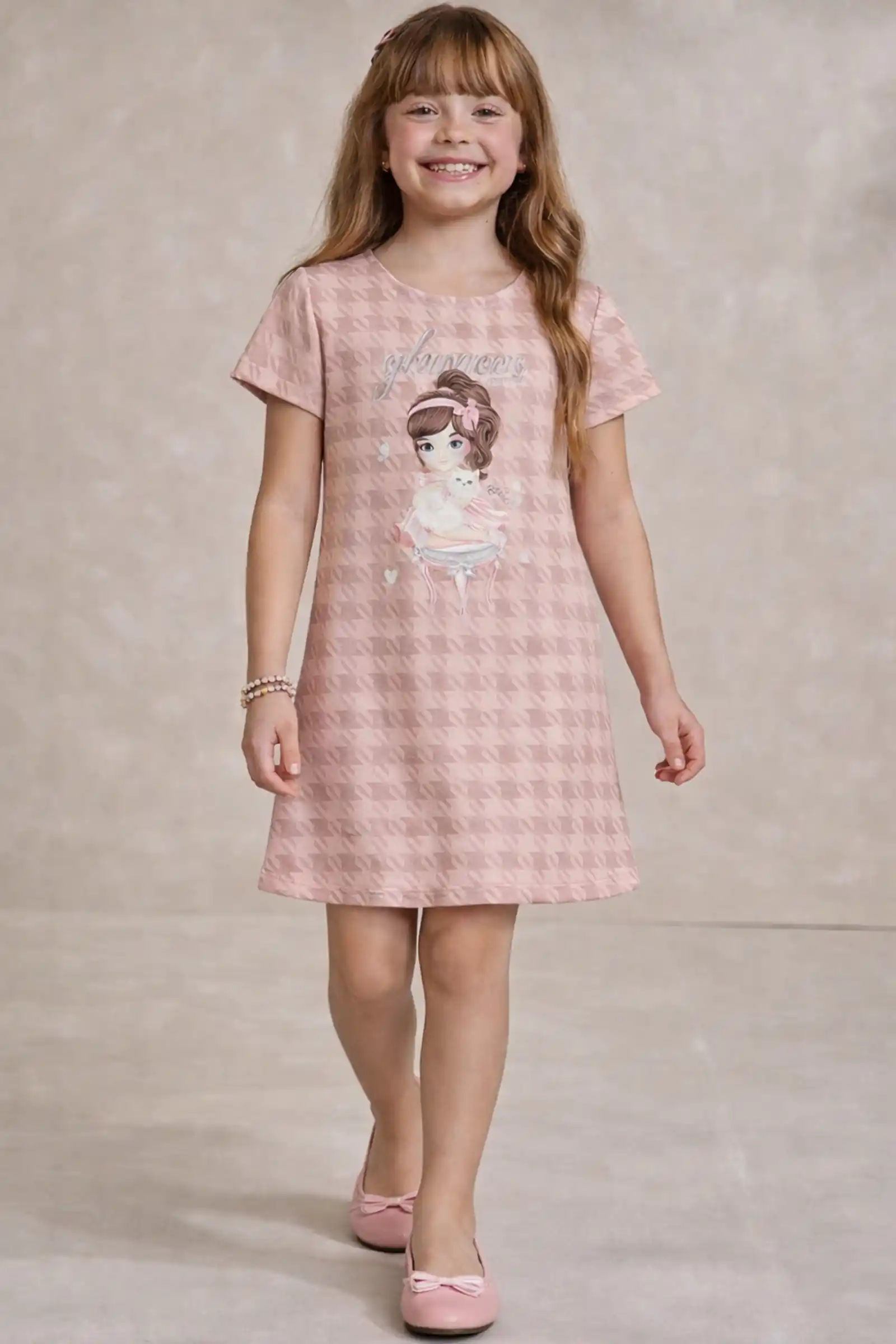 Vestido em malha pied poule rosa