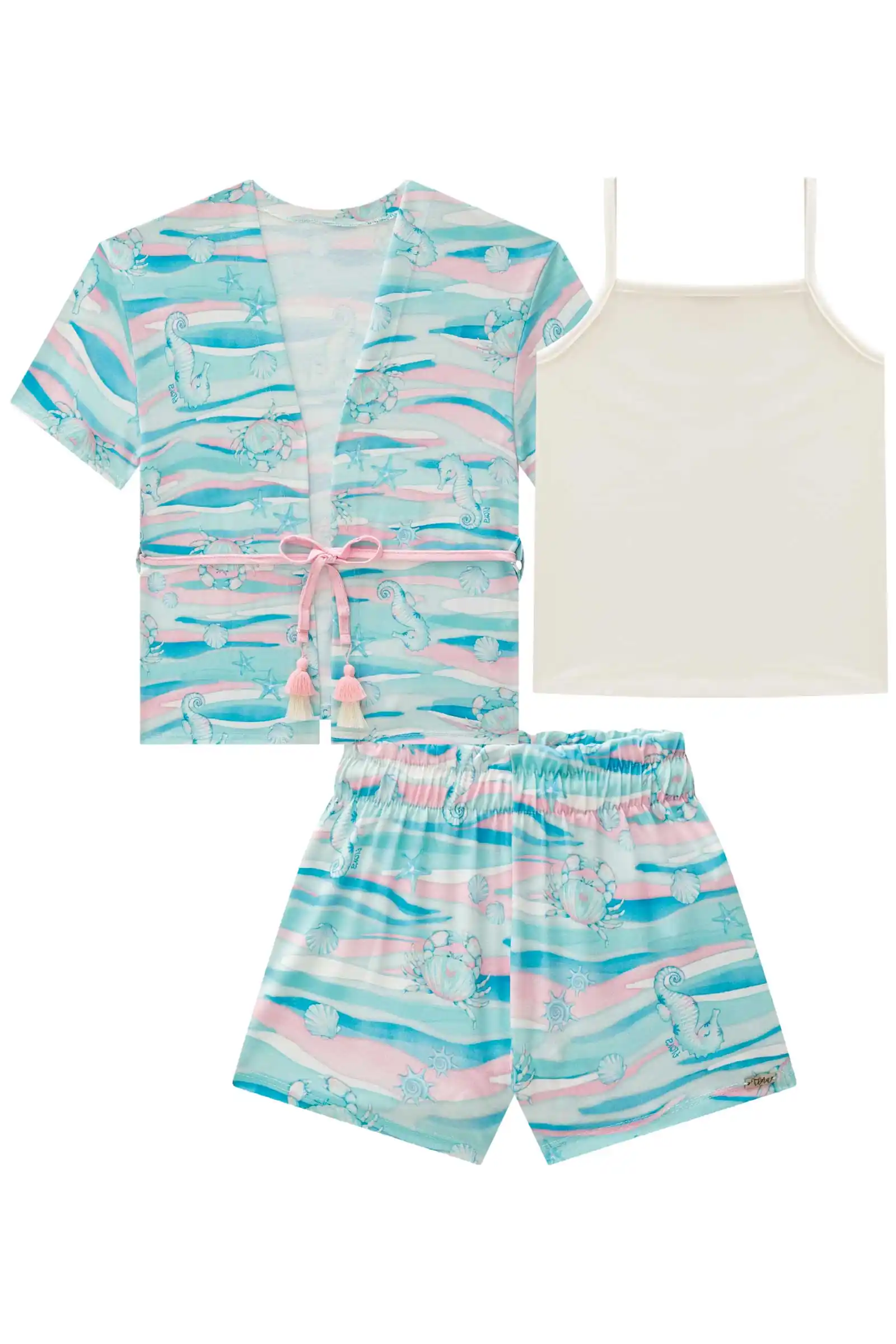 Trio de sopreposição e shorts em malha fresh com blusa ribana canelada