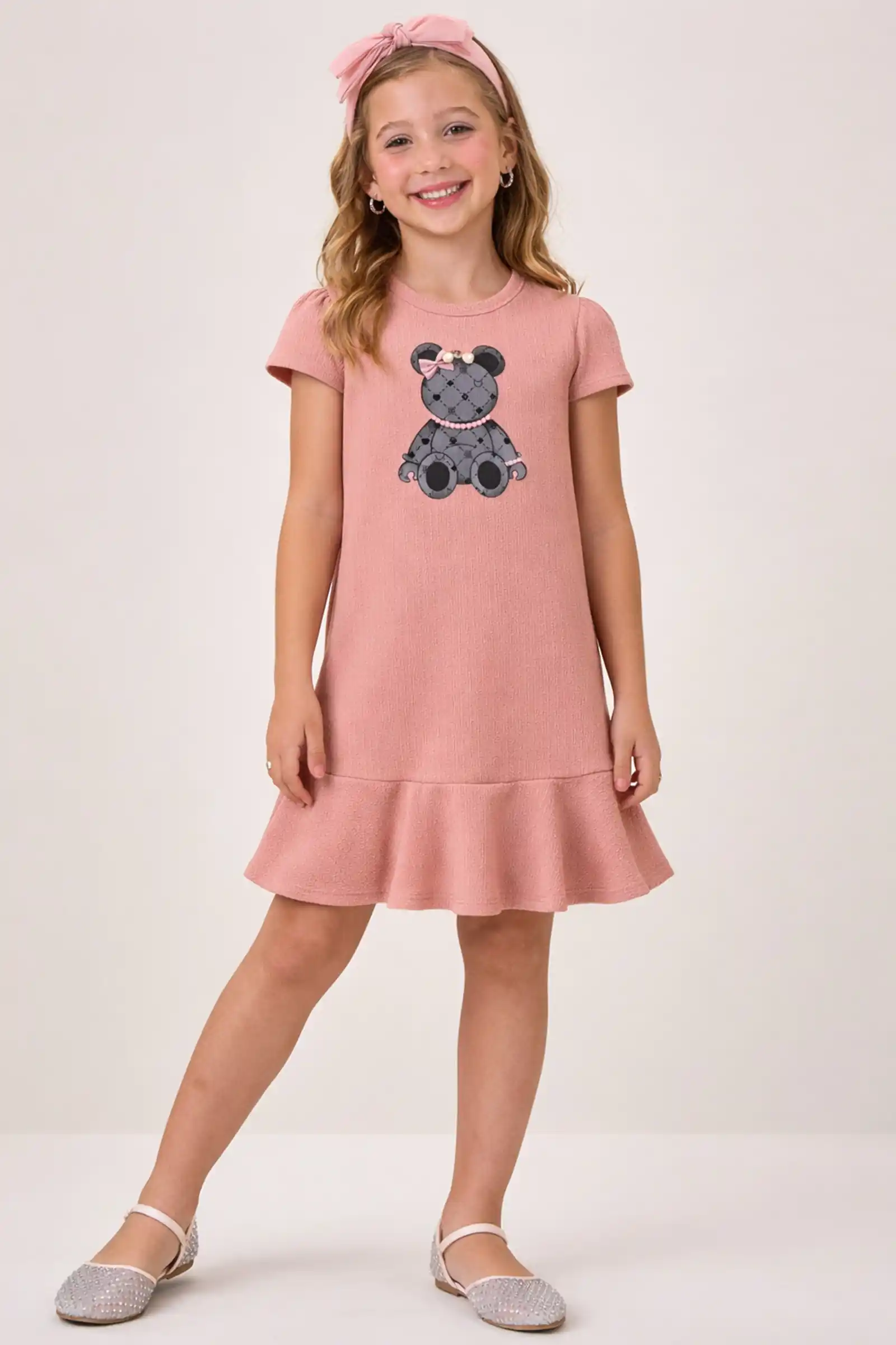 Vestido em malha jacquard rosa seda