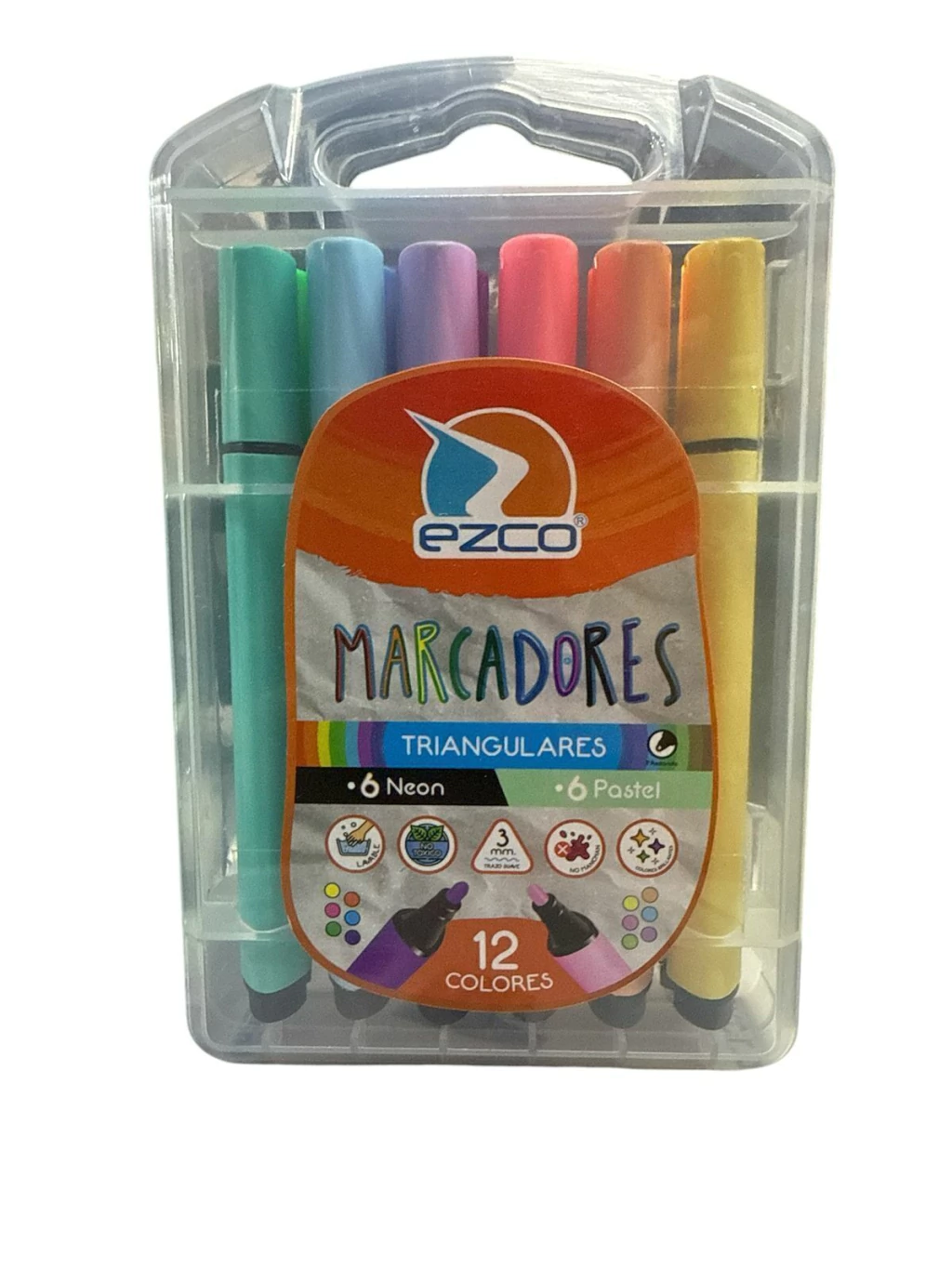 Marcadores Ezco Triangular Valija x 12 ( 6 Neón + 6 Pastel )