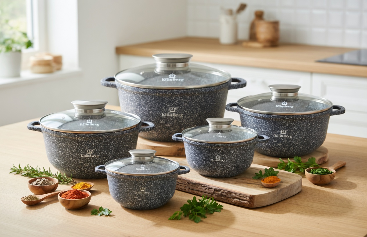KlönBerg KB-3742 Marble Cookware Set 10 pcs – Non-Stick Granite Pots with Lids, Induction Ready