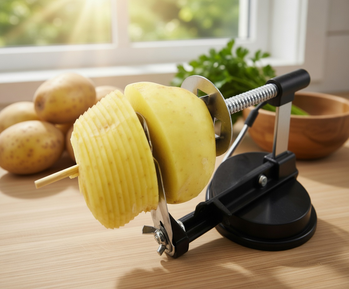 Brunbeste Curly Fries Machine – Durable Metal Spiral Vegetable Cutter with Suction Base