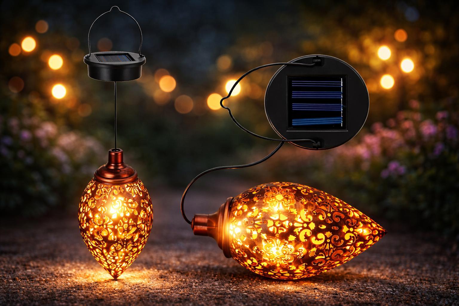 Hanging Solar Lantern LED Openwork Garden Light with Sensor – Vintage Moroccan Style