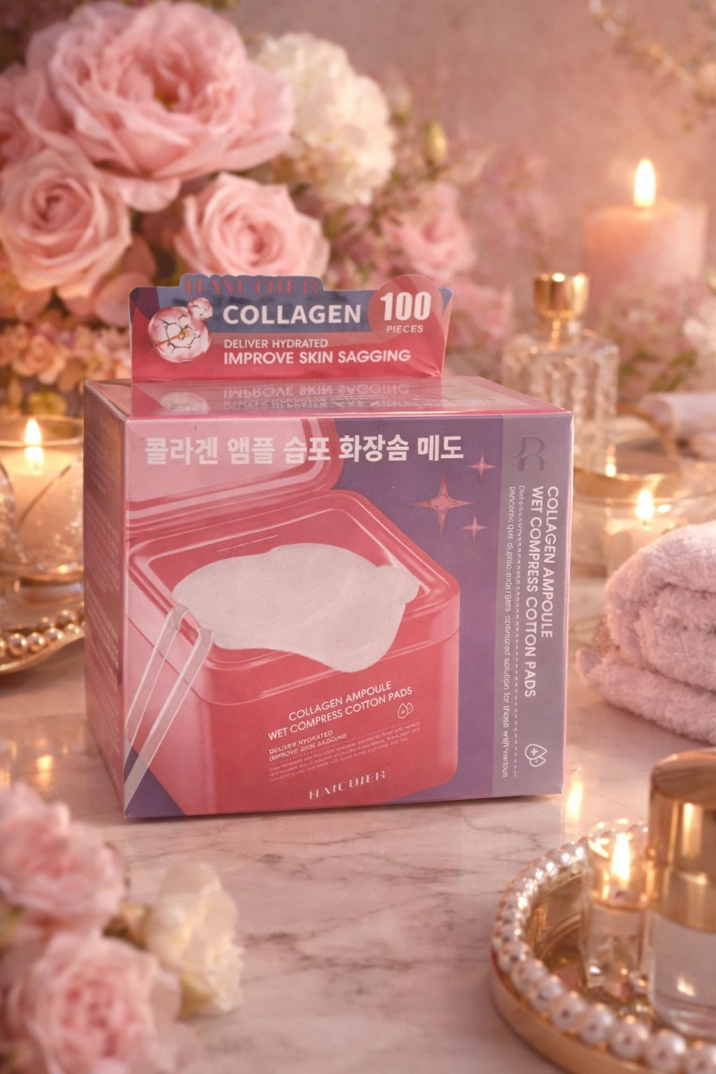 Collagen Ampoule Wet Compress Cotton Pads – Hydrating & Firming Skin Care