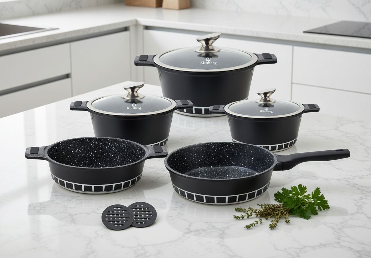 KlönBerg Marble Non-Stick Cookware Set – Induction Pots & Pans Set with Lids, Aluminum, Oven Safe