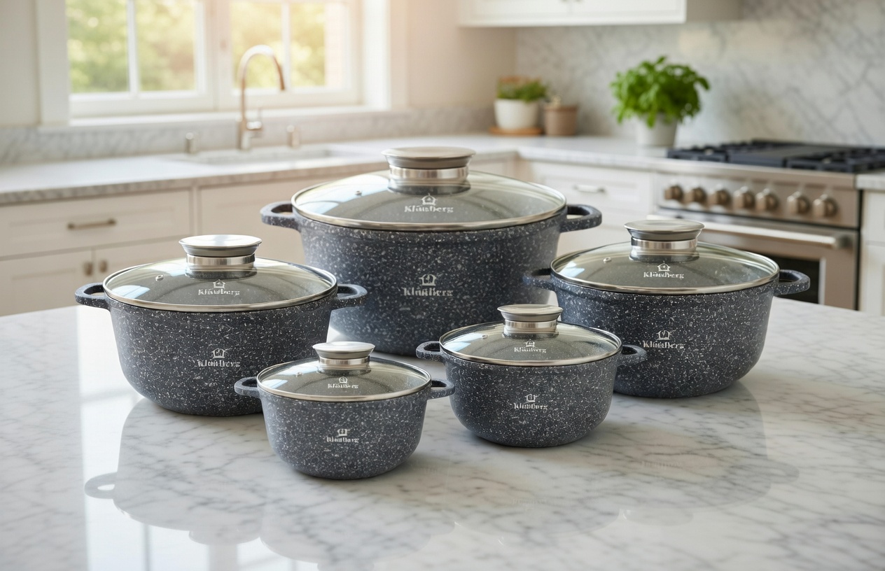 KlönBerg KB-3742 Marble Cookware Set 10 pcs – Non-Stick Granite Pots with Lids, Induction Ready