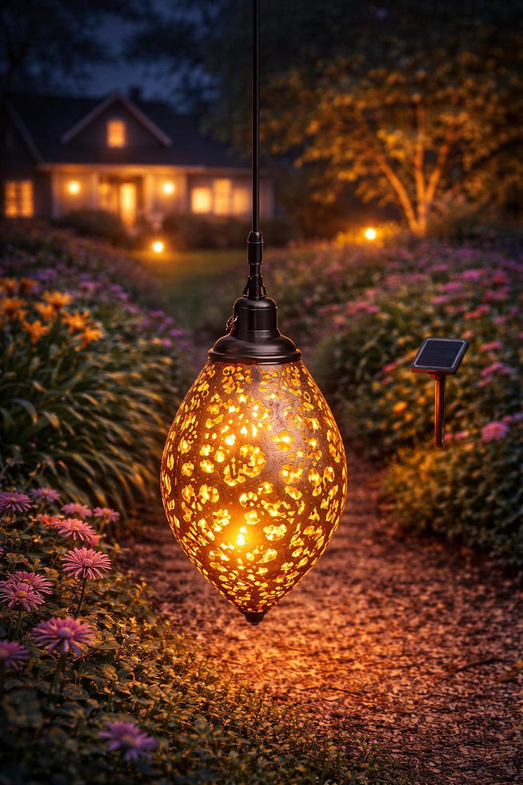 Hanging Solar Lantern LED Openwork Garden Light with Sensor – Vintage Moroccan Style