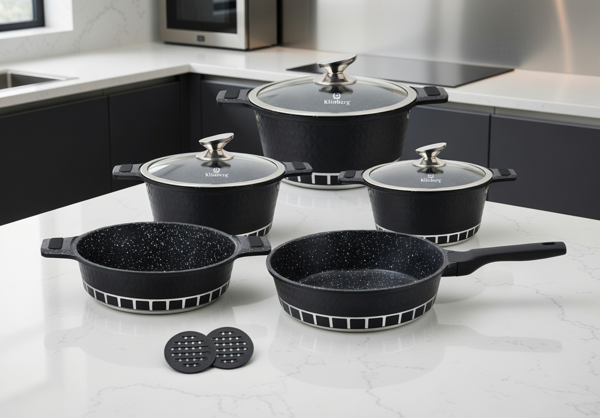 KlönBerg Marble Non-Stick Cookware Set – Induction Pots & Pans Set with Lids, Aluminum, Oven Safe