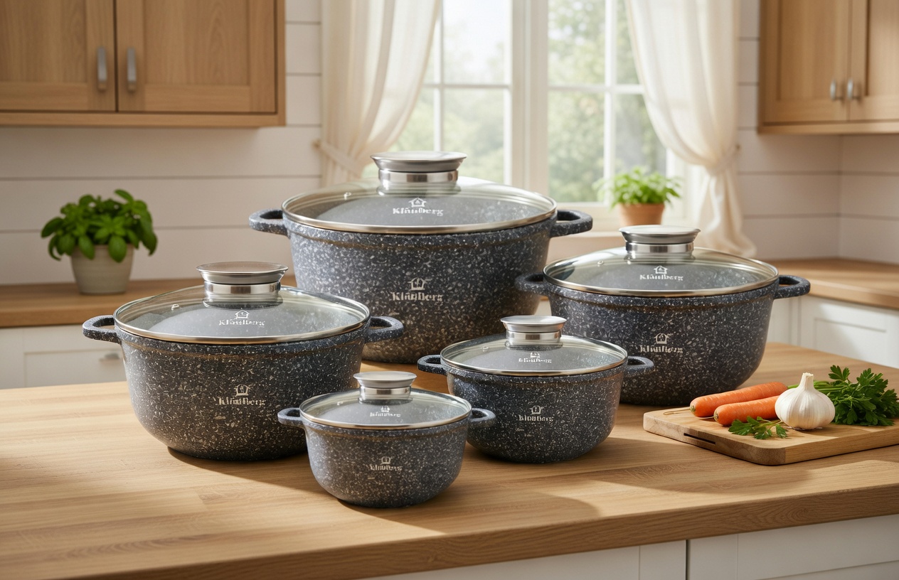 KlönBerg KB-3742 Marble Cookware Set 10 pcs – Non-Stick Granite Pots with Lids, Induction Ready